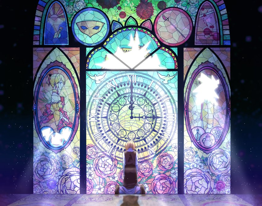 1girl absurdres aquarius_(symbol) aries_(symbol) back backlighting bird blonde_hair blood blood_splatter blood_stain broken_window cancer_(symbol) capricorn_(symbol) clock domino_mask dove dress evillious_nendaiki female_focus from_behind gears gemini_(symbol) guillotine hazun_(hazukichi0827) highres kagamine_rin kneeling leo_(symbol) libra_(symbol) light_particles light_rays mask message_in_a_bottle nun pisces_(symbol) praying profile rapier regret_message_(vocaloid) riliane_lucifen_d&#039;autriche sagittarius_(symbol) scorpio_(symbol) short_hair solo stained_glass sword taurus_(symbol) teapot virgo_(symbol) vocaloid weapon yellow_dress zodiac