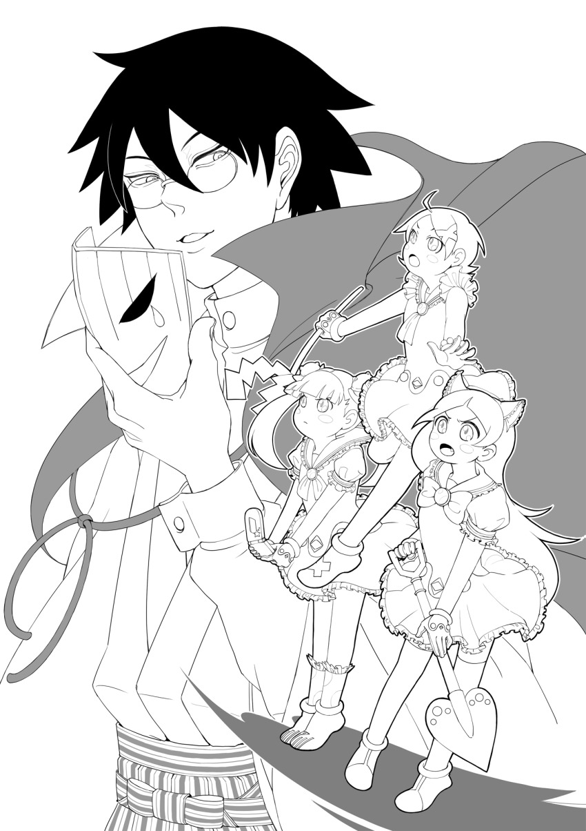 1boy 3girls ahoge animal_ears black_hair blush_stickers cape cat_ears cellphone commentary_request flip_phone frilled_skirt frills fuura_kafuka glasses gloves gohei greyscale hair_between_eyes hakama highres holding holding_gohei holding_mask holding_phone holding_shovel itoshiki_nozomu japanese_clothes kimono kitsu_chiri long_hair magical_girl mask monochrome multiple_girls okumura otonashi_meru parted_hair phone projected_inset sailor_collar sayonara_zetsubou_sensei short_hair short_twintails shovel skirt tareme twintails white_background