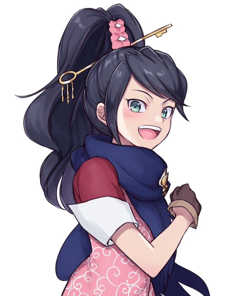 1girl :d absurdres ace_attorney ace_attorney_investigations black_hair blue_scarf brown_gloves commentary gloves green_eyes haniwa_(8241427) high_ponytail highres karakusa_(pattern) kay_faraday key_hair_ornament looking_at_viewer open_mouth ponytail scarf shirt short_sleeves smile solo teeth upper_body upper_teeth_only white_background