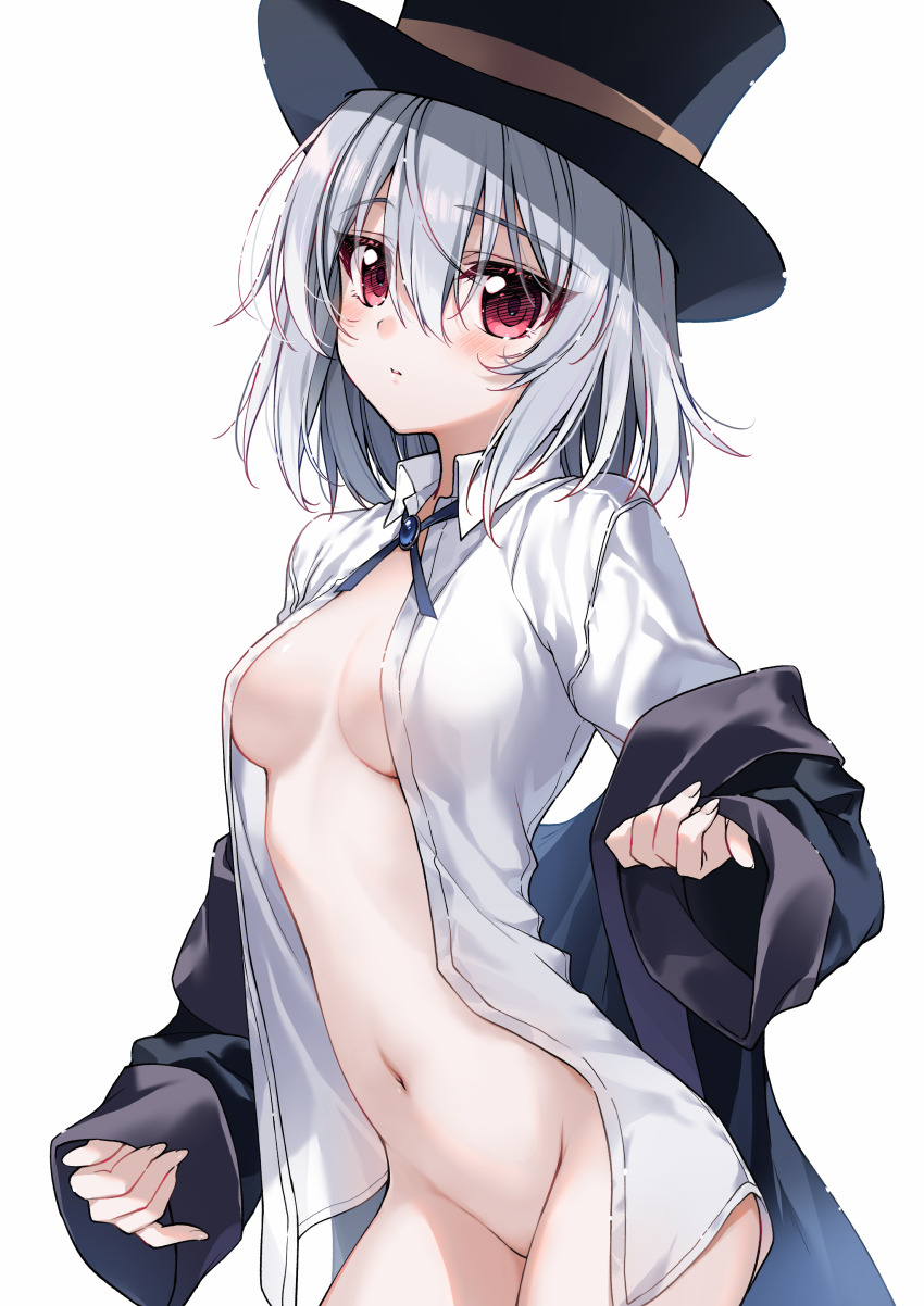 1girl absurdres black_robe blush breasts collared_shirt commission hair_between_eyes hat highres long_sleeves looking_at_viewer medium_breasts nikyuppa no_bra no_panties open_clothes open_shirt original red_eyes robe shirt simple_background skeb_commission solo top_hat white_background white_hair white_shirt