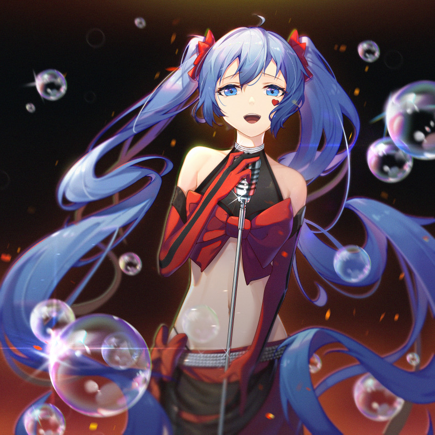 1girl :d absurdres ahoge ambivalence_(module) blue_eyes blue_hair blurry bow bubble chinese_commentary commentary commentary_request english_commentary facial_mark gloves hatsune_miku hatsune_miku_(ambivalence) heart heart_facial_mark highleg highleg_panties highres long_hair microphone mixed-language_commentary navel open_mouth painttool_sai_(medium) panties partial_commentary project_diva_(series) red_bow red_gloves smile solo sparkle stomach teeth tongue twintails underwear upper_teeth_only very_long_hair vocaloid zuiai_gongzhu_dianxia