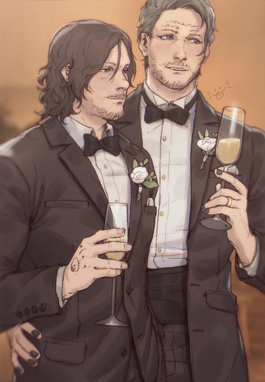 2boys black_bow black_bowtie black_hair black_jacket black_nails black_pants blue_eyes bow bowtie closed_mouth collared_shirt cup death_stranding flower grey_hair hamms_hamss higgs_(death_stranding) highres holding holding_cup jacket jewelry male_focus multiple_boys nail_polish open_clothes open_jacket pants ring rose sam_porter_bridges shirt short_hair smile white_flower white_rose white_shirt