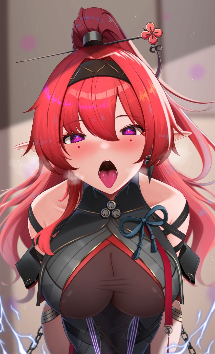 1girl absurdres artist_name bare_shoulders black_bodysuit black_gloves black_hairband blush bodysuit breasts chain circle_facial_mark cleavage collarbone earrings elbow_gloves electricity flower_hairpin gloves hair_between_eyes hair_intakes hair_ornament hairband hairpin high_ponytail highres jewelry large_breasts leaning_forward open_mouth oral_invitation paid_reward_available pelvic_curtain pointy_ears ponytail red_hair see-through_cleavage see-through_clothes single_earring solo tassel tongue tongue_out uvula wuthering_waves yinlin_(wuthering_waves) yukarise