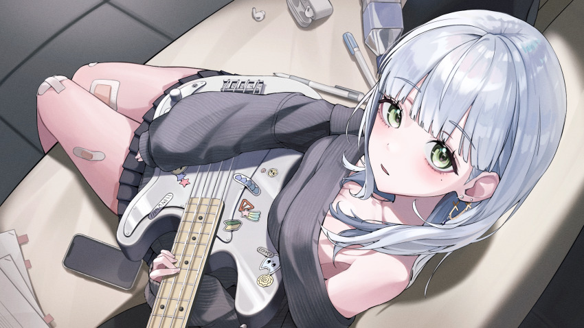 1girl bandaid bandaid_on_leg bare_shoulders black_skirt blunt_bangs breasts cellphone character_request copyright_request couch cross cross_earrings ear_piercing earrings eyelashes from_above green_eyes grey_hair grey_sweater guitar hair_behind_ear highres holding holding_guitar holding_instrument instrument jewelry long_hair long_sleeves looking_at_viewer looking_up medium_breasts miniskirt mole mole_under_eye myao_(myaodayone) off-shoulder_sweater off_shoulder on_couch parted_lips pen phone piercing pleated_skirt sitting skirt sleeves_past_wrists smartphone solo straight_hair sweater