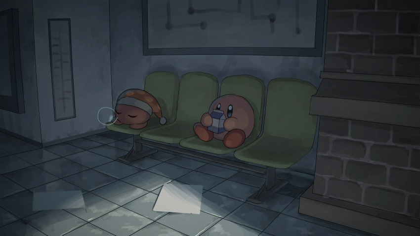 abandoned bad_id bad_misskey.io_id bench brick_wall hat highres holding_carton indoors kirby kirby_(series) kirby_and_the_forgotten_land milk_carton nintendo no_humans noddy_(kirby) nose_bubble painting_(object) paper sitting sleeping tensen_(dotted_line) tile_floor tiles webp-to-png_conversion