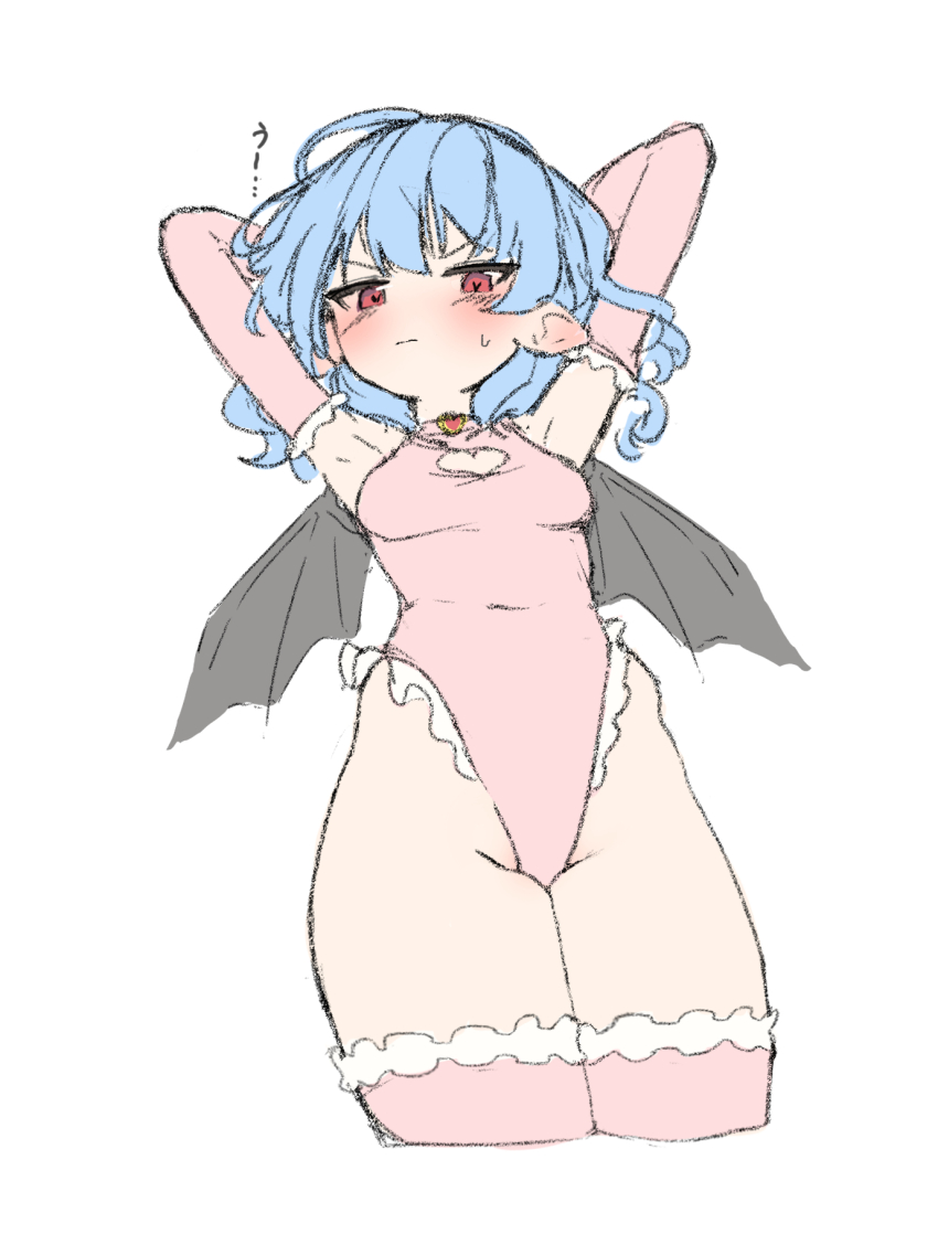1girl alternate_costume arms_behind_head bat_wings blue_hair blush closed_mouth clothing_cutout covered_navel cropped_legs ei_tantan elbow_gloves gloves groin heart_cutout highleg highleg_leotard highres leotard medium_hair pink_leotard pointy_ears red_eyes remilia_scarlet simple_background solo touhou v-shaped_eyebrows white_background wings