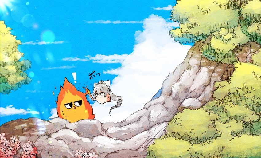 ! 2girls :d absurdly_long_hair arce_luna_0031 black_hair blank_eyes blue_sky bow burning cloud commentary_request creature day fire floating flower grey_hair hair_bow higuchi_kaede holding holding_torch jitome kaede-chan_(higuchi_kaede) long_hair looking_at_another mito-chan_(tsukino_mito) mito_and_kaede mole mole_under_eye multiple_girls nijisanji open_mouth outdoors paper_texture pink_flower ponytail sky smile sunlight sweatdrop torch tree tsukino_mito very_long_hair virtual_youtuber white_bow