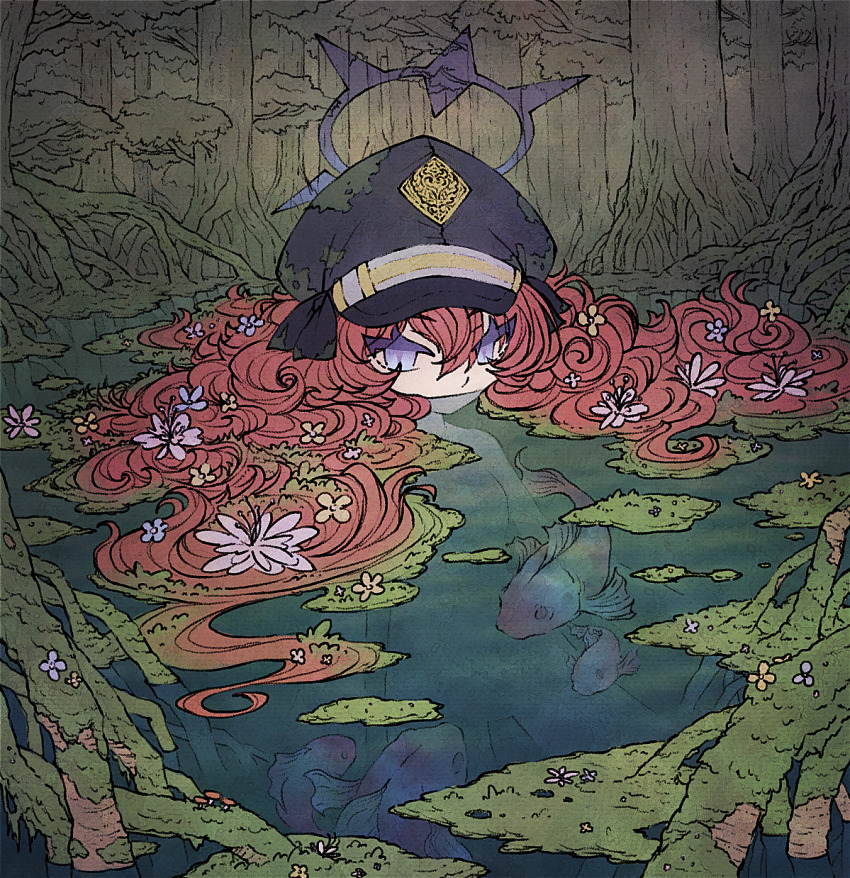 1girl afloat blue_archive completely_nude floating_hair flower forest hair_flower hair_ornament hair_spread_out halo hat highres iroha_(blue_archive) koi long_hair moss mouth_under_water nature no_mouth no_nipples no_pussy nude outdoors partially_submerged plant_roots purple_eyes red_hair seabearsnake solo tree very_long_hair