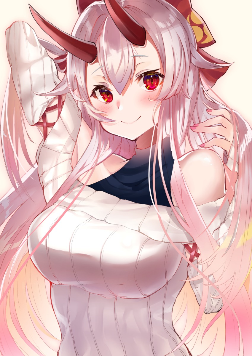 1girl absurdres bare_shoulders blonde_hair blush bow breasts closed_mouth clothing_cutout collarbone fate/grand_order fate_(series) felnemo female_focus hair_bow halterneck highres horns large_breasts long_hair looking_at_viewer multicolored_hair nail_polish oni_horns pink_eyes pink_hair pink_nails red_bow ringed_eyes shiny_skin shoulder_cutout silver_hair smile solo sweater symbol-shaped_pupils tareme tomoe_gozen_(fate) upper_body very_long_hair white_sweater yellow_background