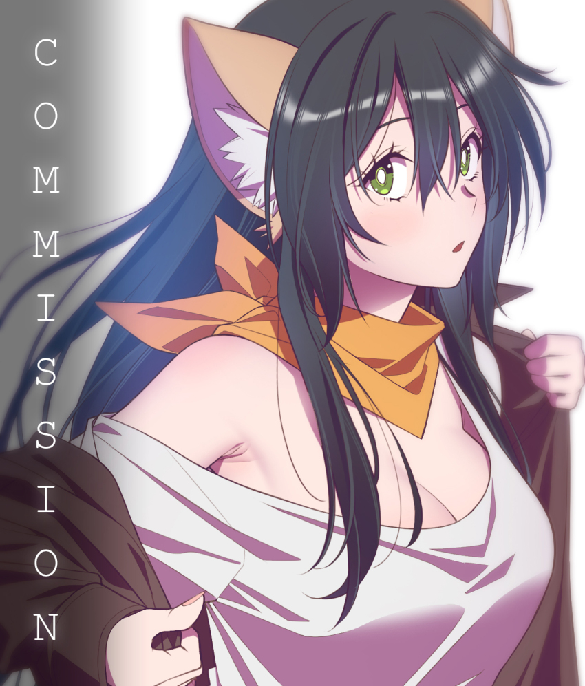 1girl andrian_januar_adilia animal_ear_fluff animal_ears armpit_crease black_hair breasts brown_jacket cleavage commentary commission english_commentary green_eyes hair_between_eyes highres jacket long_hair long_sleeves looking_at_viewer medium_breasts original parted_lips shirt sollyz_(sollyz) solo undressing watermark white_shirt