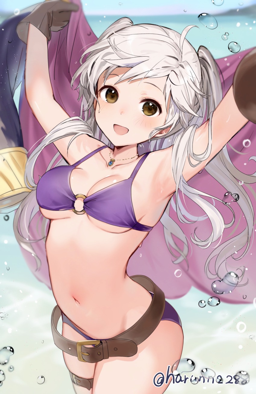 1girl armpits arms_up beach belt bikini blush breasts brown_eyes brown_gloves cleavage cowboy_shot female_robin_(fire_emblem) female_robin_(seaside_tactician)_(fire_emblem) fire_emblem fire_emblem_awakening fire_emblem_heroes gloves haru_(nakajou-28) highres jewelry long_hair looking_at_viewer medium_breasts navel necklace nintendo o-ring o-ring_bikini ocean official_alternate_costume open_mouth outdoors purple_bikini smile solo stomach swimsuit twintails underboob white_hair