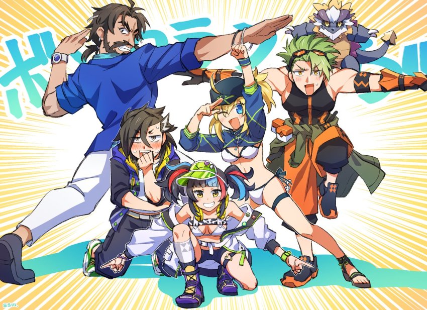 2girls 3boys achilles_(fate) achilles_(fearless_diver)_(fate) ahoge artoria_pendragon_(fate) baseball_cap beard belt bikini black_hair blonde_hair blush clothes_around_waist edward_teach_(fate) edward_teach_(midsummer_gentleman)_(fate) facial_hair fate/grand_order fate_(series) ginyu_force_pose goggles goggles_on_head gomashou_(ssm_fgo) green_hair hat leg_up mandricardo_(fate) multicolored_hair multiple_boys multiple_girls mustache mysterious_heroine_x_(fate) mysterious_heroine_xx_(fate) one_eye_closed outstretched_arms ponytail sei_shounagon_(fate) sei_shounagon_(swimsuit_berserker)_(fate) sei_shounagon_(swimsuit_berserker)_(first_ascension)_(fate) shorts swimsuit tarasque_(fate) twintails visor_cap watch wristwatch