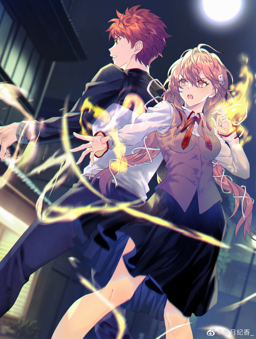 1boy 1girl absurdres black_skirt blush bow breasts brown_vest command_spell couple cross cross_print dress emiya_shirou energy fate/stay_night fate_(series) fire glowing hair_ornament hair_ribbon halo hetero highres holding homurabara_academy_school_uniform igote jacket long_hair long_sleeves magic magic_circuit momomiya_shizuku_(gaoyue_jixiang) neck_ribbon non-web_source oc_x_canon open_mouth orange_hair original pastels pink_eyes pink_hair pink_halo print_ribbon raglan_sleeves red_hair ribbon school_uniform shirt skirt two_side_up vest white_shirt