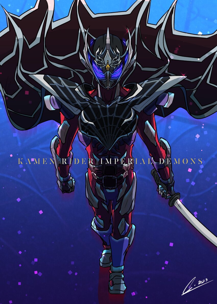 1boy 2023 absurdres armor blue_background blue_eyes bodysuit bug clenched_hand cloak compound_eyes demons_driver emeruga english_text full_body highres holding holding_sword holding_weapon kamen_rider kamen_rider_imperial_demons kamen_rider_revice katana red_bodysuit revice_forward:_kamen_rider_live_&amp;_evil_&amp;_demons second-party_source shoulder_armor silk simple_background spider spider_web standing straight-on sword weapon