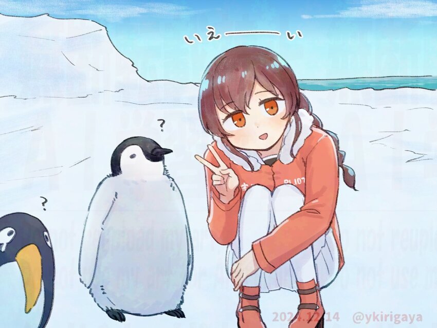1girl ? animal bird braid brown_eyes brown_hair commentary_request dated day failure_penguin fur-trimmed_jacket fur_trim jacket kantai_collection kirigaya_yuuji long_hair long_sleeves looking_at_viewer open_mouth orange_eyes orange_jacket outdoors pantyhose penguin pleated_skirt single_braid skirt sky souya_(kancolle) squatting twitter_username v white_pantyhose white_skirt