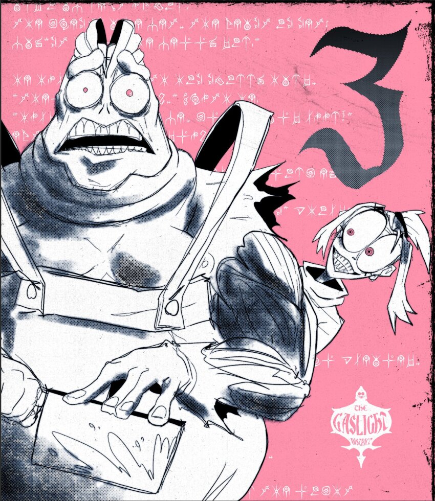 1boy 1girl apron blood brain buttons cleaver clenched_teeth commentary copyright_name curtained_hair english_commentary english_text eyelashes fake_text fingernails fulltimeseagull glitch_productions grin hair_tie half_updo highres holding holding_cleaver ken_the_butcher logo melancholy_hill monster_boy monster_girl naked_apron nipples open_mouth pectorals pink_background pink_eyes ponytail promotional_art rotling_(the_gaslight_district) short_ponytail small_pupils smile split_head teeth the_gaslight_district torn_skin turtleneck very_big_eyes