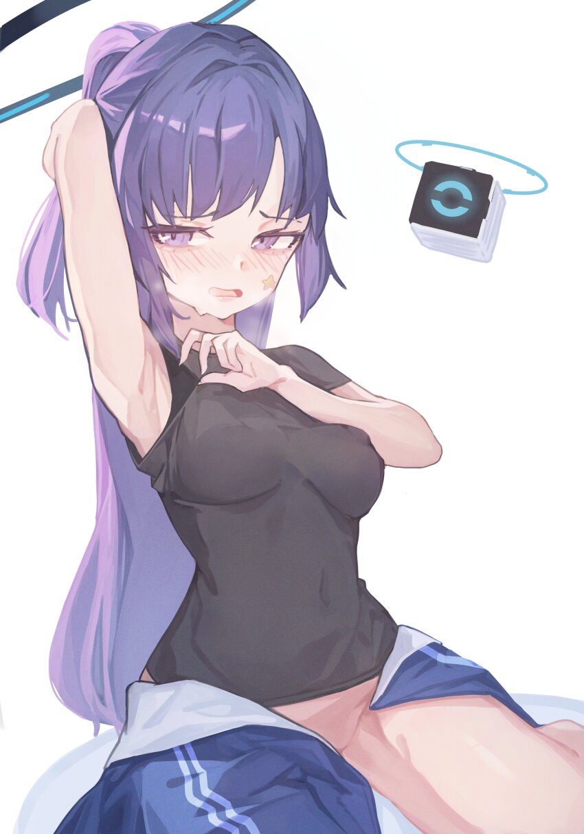 1girl absurdres arm_behind_head arm_up armpits black_shirt blue_archive blue_jacket blush bottomless breasts covered_erect_nipples drone gym_shirt gym_uniform halo highres jacket jun_daniell long_hair looking_at_viewer mechanical_halo medium_breasts official_alternate_costume ponytail purple_eyes purple_hair shirt sleeveless solo star_sticker sticker_on_face track_jacket unworn_jacket yuuka_(blue_archive) yuuka_(track)_(blue_archive)