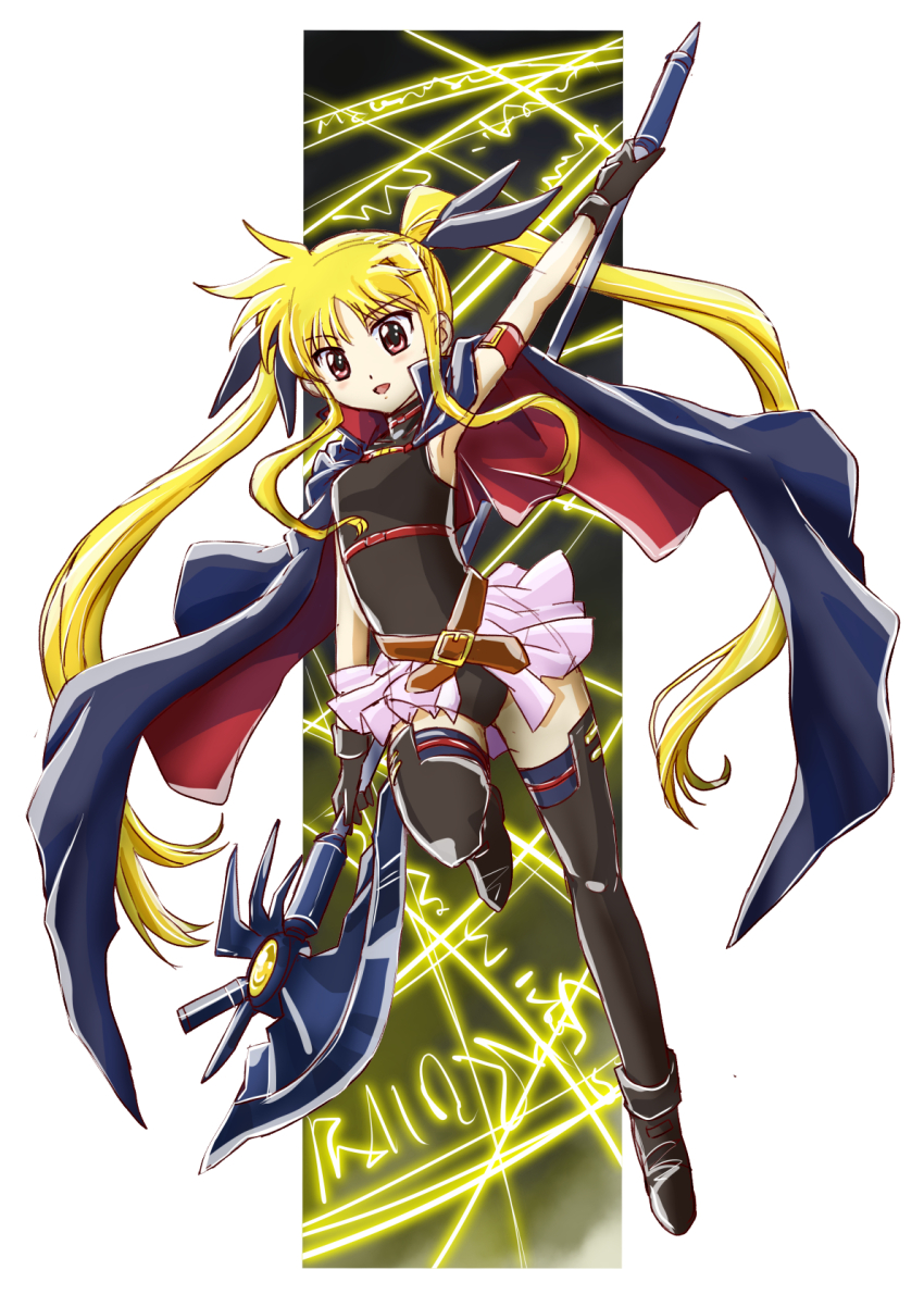 1girl armpits bardiche_(axe_form)_(nanoha) bardiche_(nanoha) black_boots black_bow black_gloves black_leotard blonde_hair blue_cape boots bow brown_eyes cape fate_testarossa fate_testarossa_(movie_1st_form) floating_hair gloves hair_bow halberd highres holding holding_weapon leotard long_hair lyrical_nanoha magic_circle mahou_shoujo_lyrical_nanoha open_mouth polearm showgirl_skirt solo taiga_hiroyuki thigh_boots twintails very_long_hair weapon
