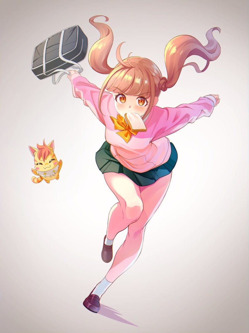 1girl bag blush bow bowtie brown_hair brown_shoes camembert_chizuko floating_hair food_in_mouth full_body green_skirt healin&#039;_good_precure highres hiramitsu_hinata holding holding_bag leg_up loafers long_hair long_sleeves looking_at_viewer miniskirt mouth_hold nyatoran_(precure) orange_eyes pink_sweater pleated_skirt precure running school_bag school_uniform shoes skirt socks solo sweater twintails white_background white_socks yellow_bow yellow_bowtie
