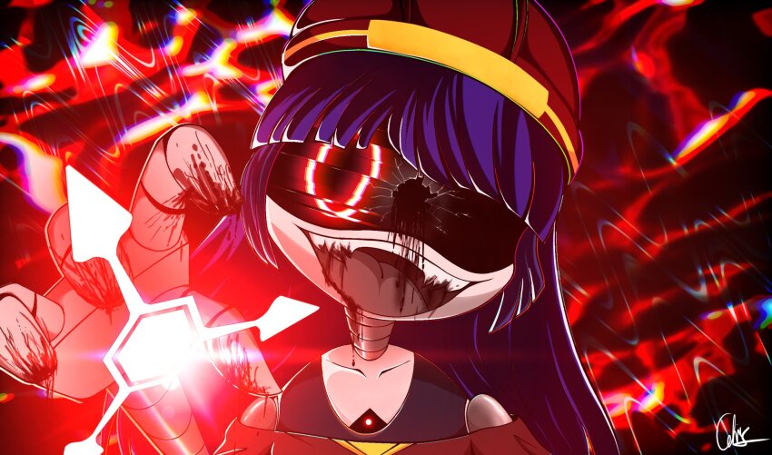 1girl blue_hair cracked_screen creepy doll_(murder_drones) glitch_productions grin helmet highres long_hair murder_drones no_humans oil oil_stain red_eyes robot_girl sharp_teeth smile teeth