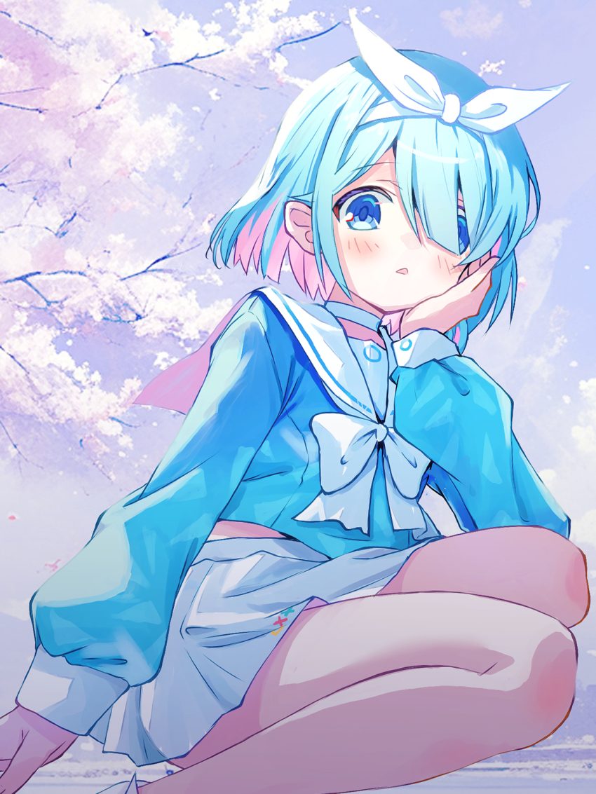 1girl akayama_yukihe arm_at_side arona_(blue_archive) blue_archive blue_eyes blue_hair blue_shirt blunt_bangs blush bow bowtie choker colored_inner_hair commentary foot_out_of_frame hair_bow hair_over_one_eye hairband hand_on_own_cheek hand_on_own_face hand_up highres long_bangs long_sleeves looking_at_viewer midriff_peek miniskirt multicolored_hair open_mouth pink_hair pleated_skirt puffy_long_sleeves puffy_sleeves sailor_collar school_uniform serafuku shirt short_hair sitting skirt solo tareme thighs triangle_mouth two-tone_hair white_bow white_bowtie white_choker white_hairband white_sailor_collar white_skirt yokozuwari