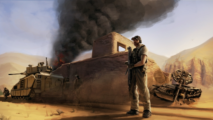 1boy 2others ak-12 ammunition_pouch armored_personnel_carrier armored_vehicle assault_rifle baseball_cap black_gloves body_armor brown_facial_hair brown_gloves brown_pants brown_shirt building burning camouflage caterpillar_tracks combat_helmet commentary cropped_torso cross-laced_footwear day desert desert_camouflage destroyed dissolving english_commentary facial_hair facing_away fire from_behind full_body gloves gun hat headset helmet highres hill holding holding_gun holding_weapon kalashnikov_rifle load_bearing_vest long_sleeves looking_ahead m2_bradley military military_fatigues military_operator military_uniform military_vehicle motor_vehicle multiple_others original outdoors pants pouch radio_antenna rifle running sand sbp0783 shirt shoes short_sleeves sky smoke soldier solo_focus standing t-55 tank turret two-tone_gloves upper_body war_in_afghanistan weapon wide_shot