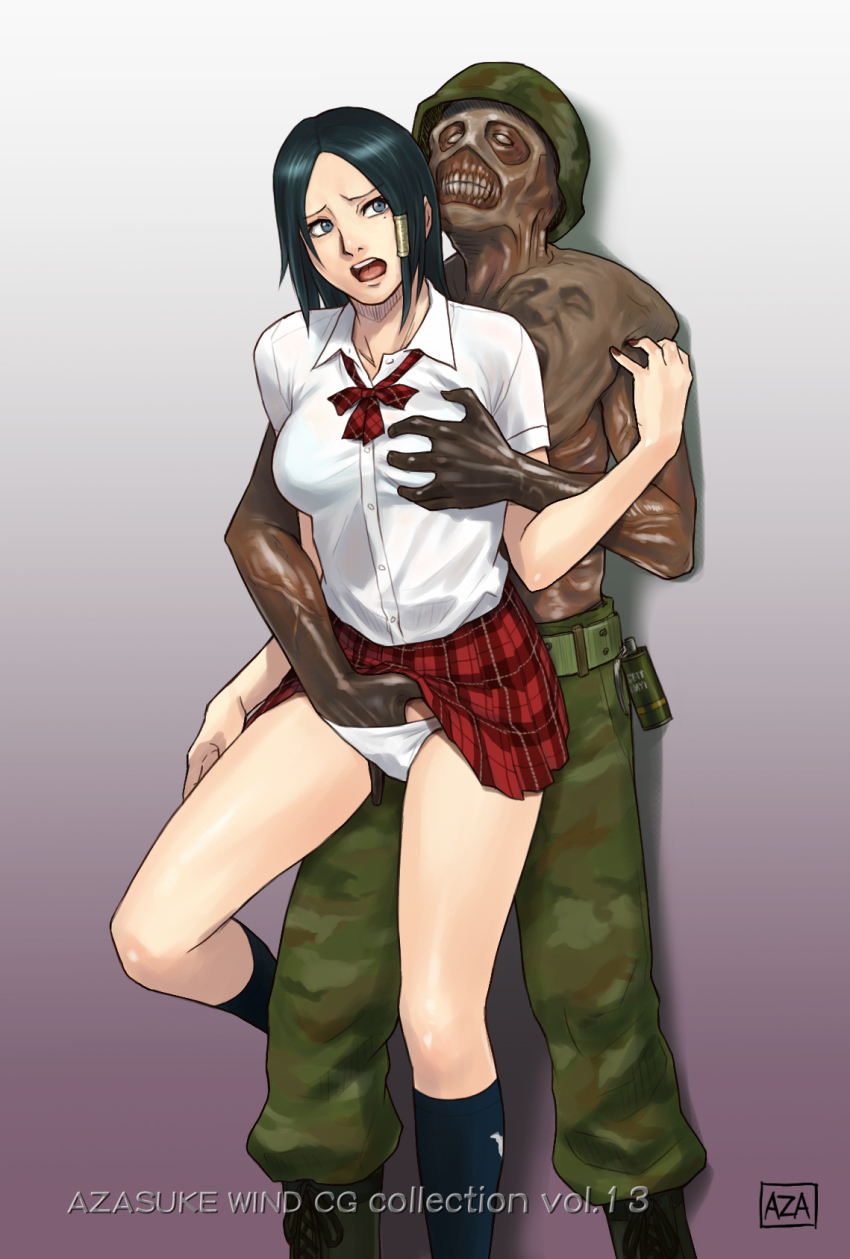 1girl alicia_(bullet_witch) aq_interactive azasuke black_hair boots breasts bullet_witch cavia clenched_teeth clothes_lift fingering grabbing_another&#039;s_breast groping hat highres legs looking_up military military_uniform monster navel open_mouth panties rape school_uniform short_hair simple_background skirt skirt_lift socks standing teeth thighs underwear upskirt white_panties zombie