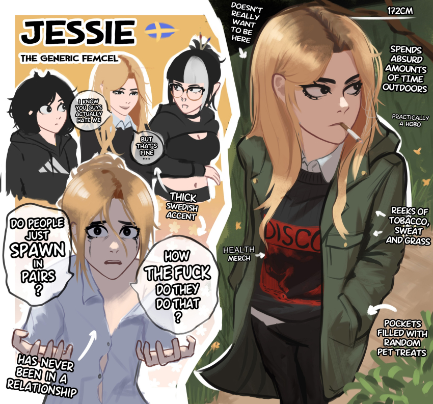 3girls absurdres arrow_(symbol) black_eyeliner black_eyes black_hair black_hoodie black_pants black_shrug black_skirt black_sweater blonde_hair blunt_bangs breasts character_name character_profile cigarette cleavage crop_top english_text eyeliner frown glasses grass green_jacket height highres hood hooded_jacket hoodie jacket jessie_(veyonis) large_breasts long_hair makeup medium_hair mika_(veyonis) multicolored_hair multiple_girls multiple_views original over-rim_eyewear pants profanity runny_makeup semi-rimless_eyewear shrug_(clothing) skirt smoking sweater sweden swedish_flag two-tone_hair veyonis white_hair yuna_(veyonis)