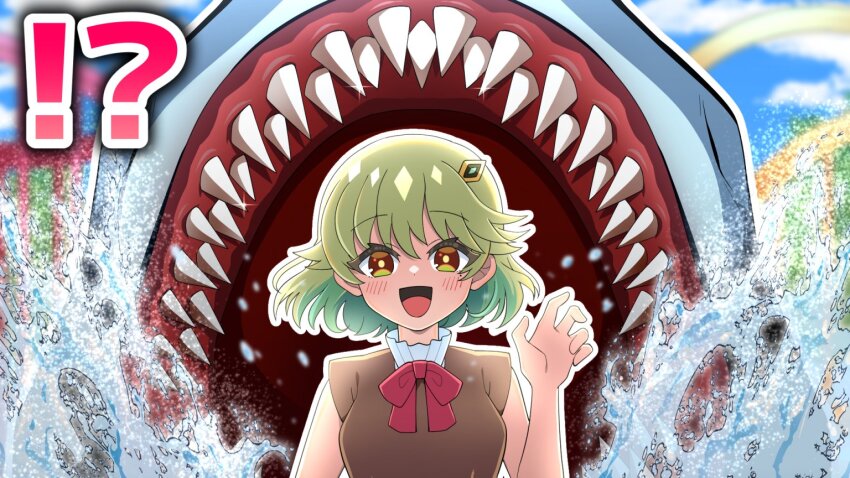 !? 1girl anime_coloring aqua_hair artist_request blush breasts brown_dress colored_inner_hair dragon_musume_ni_naritakunai! dress duel_masters green_hair hair_ornament hairclip large_breasts long_sleeves medium_hair megalodon mole mole_under_eye multicolored_hair nagareboshi_asche official_art open_mouth outdoors outstretched_arm red_ribbon ribbon shark sharp_teeth shirt sleeveless sleeveless_dress solo splashing teeth upper_body waving yellow_eyes
