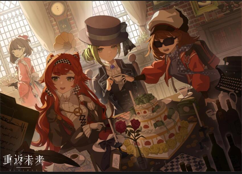 4girls :d apple apple_(reverse:1999) apron arm_support ascot backlighting backpack bag black_bow black_bowtie black_coat black_hat black_vest blue_bow blue_dress blue_neckerchief boater_hat bottle bow bowtie brick_wall brown_hair newsboy_cap cake checkered_hairband chess_piece chessboard clipboard closed_mouth coat collared_dress collared_shirt copyright_name cup dress dutch_angle flower food fruit gloves green_eyes grey_eyes grey_hair hair_bun hairband hand_on_table hat hat_bow high_collar holding holding_cup holding_plate holding_quill indoors jacket japanese_clothes kimono logo long_hair looking_back looking_to_the_side maid meidi1016 multiple_girls neckerchief open_mouth orange_hair outstretched_arm phonograph pink_kimono plate polka_dot_neckerchief quill red_flower red_jacket red_rose regulus_(reverse:1999) reverse:1999 rose round_table satsuki_(reverse:1999) saucer shirt short_hair single_side_bun smile sonetto_(reverse:1999) sunglasses table teacup teapot traditional_bowtie typewriter vertin_(reverse:1999) vest wa_maid waistcoat white_apron white_ascot white_dress white_gloves white_shirt window wine_bottle