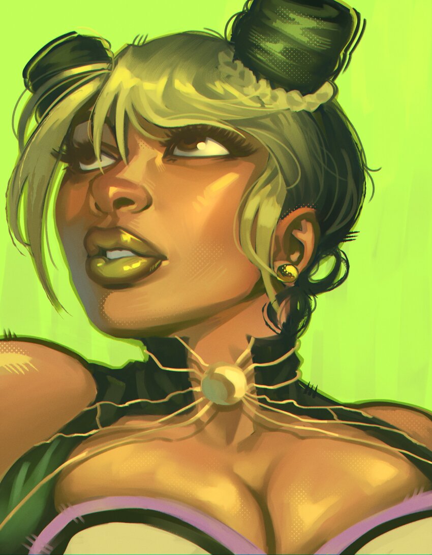 1girl absurdres ben-day_dots breasts brown_eyes chromatic_aberration cosplay dark-skinned_female dark_skin double_bun earrings green_background green_hair green_lips hair_bun highres jewelry jojo_no_kimyou_na_bouken kujo_jolyne_(cosplay) kuujou_jolyne large_breasts lipstick looking_up makeup megan_thee_stallion multicolored_hair obarii parted_lips real_life screentones solo stone_ocean two-tone_hair upper_body