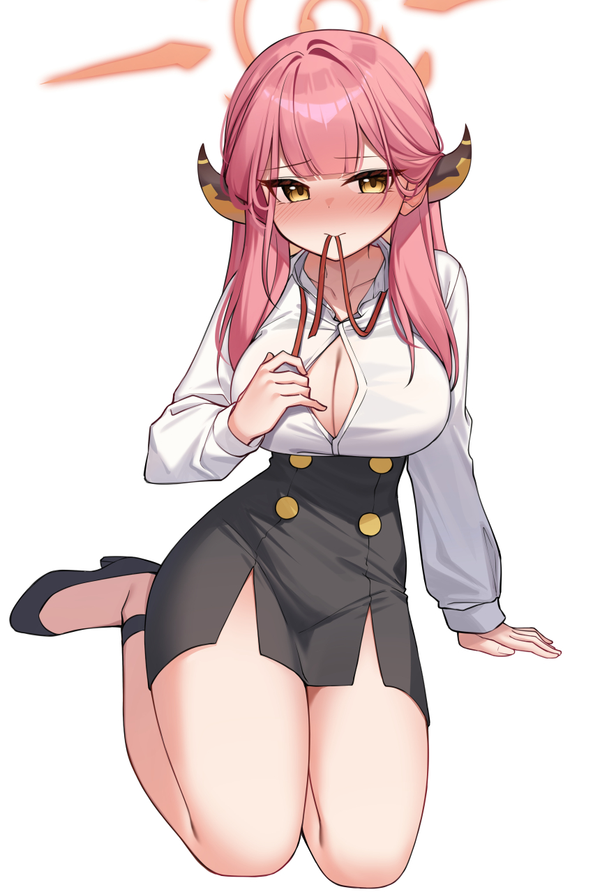 1girl absurdres aru_(blue_archive) black_skirt blue_archive blush breasts cleavage demon_girl demon_horns halo high-waist_skirt highres horns large_breasts long_hair long_sleeves looking_at_viewer mouth_hold nose_blush orange_eyes orange_halo pink_hair shirt simple_background skirt solo thighs white_background white_shirt ziro_(zirorong)