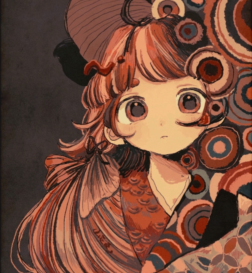 1girl closed_mouth expressionless grey_background hair_ornament long_hair looking_at_viewer low_twintails multicolored_hair original pink_hair red_eyes red_hair red_theme solo streaked_hair surreal twintails upper_body wasabi_natsume