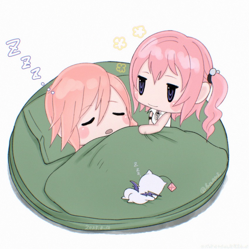 2girls bed blush chibi final_fantasy final_fantasy_xiii highres lightning_farron luca_(lux-spei) lying moogle multiple_girls on_bed pillow serah_farron siblings sleeping under_covers world_of_final_fantasy