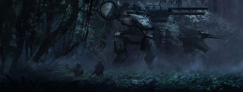 2others cannon commentary forest gun haru_akira highres holding holding_gun holding_weapon machinery mecha metal_gear_(robot) metal_gear_(series) metal_gear_rex metal_gear_solid military military_vehicle multiple_others nature night non-humanoid_robot original outdoors plant robot scenery standing tree walker_(robot) weapon