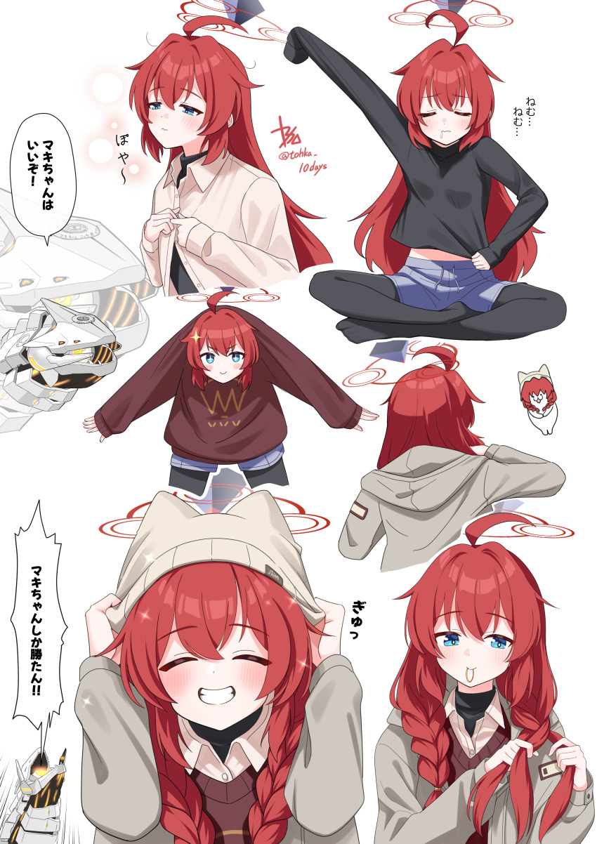 1girl absurdres adjusting_clothes adjusting_headwear ahoge binah_(blue_archive) black_pantyhose black_shirt blue_archive blue_eyes blue_shorts blush braid braiding_hair brown_hat brown_shirt brown_sweater closed_eyes closed_mouth collared_shirt commentary_request cropped_torso dressing from_behind frown grey_jacket grin hair_tie_in_mouth hairdressing halo hat highres hood hood_down hooded_jacket indian_style jacket long_hair long_sleeves maki_(blue_archive) maki_(camp)_(blue_archive) mouth_hold multiple_views nazomaki_(blue_archive) open_clothes open_jacket pantyhose red_hair red_halo shirt shorts simple_background sitting smile sparkle speech_bubble sweater tohka_10days translation_request twin_braids twitter_username wavy_mouth white_background white_shirt