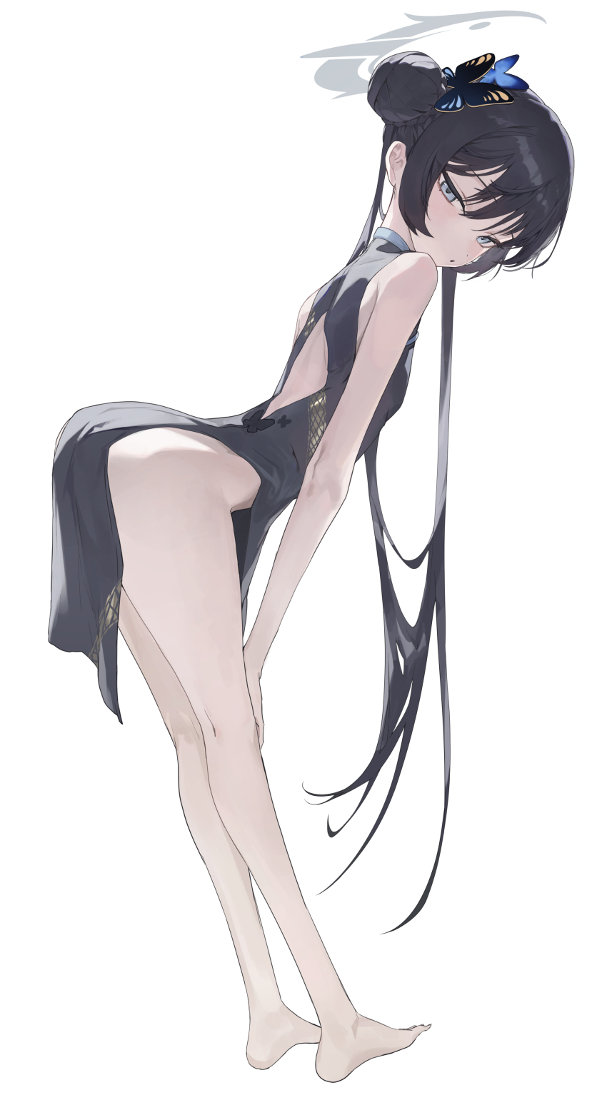 1girl absurdres back_cutout bare_shoulders barefoot black_dress black_hair blue_archive blush breasts butterfly_hair_ornament china_dress chinese_clothes clothing_cutout double_bun dragon_print dress full_body grey_eyes hair_bun hair_ornament halo highres kisaki_(blue_archive) loli long_hair looking_at_viewer pelvic_curtain sb_lama short_dress side_slit small_breasts solo twintails