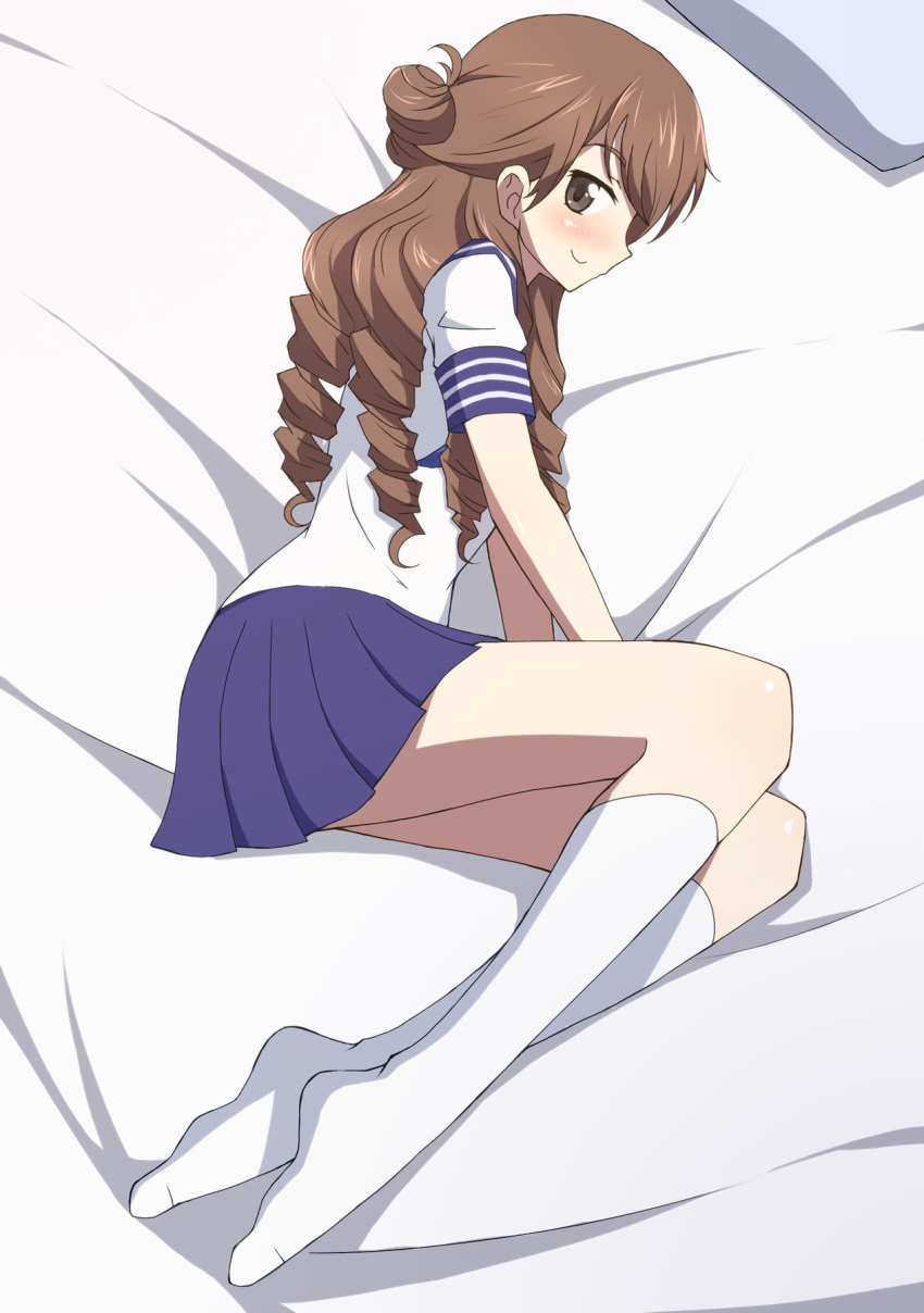 1girl blue_skirt brown_eyes brown_hair drill_hair from_above full_body hanasaku_iroha highres long_hair looking_at_viewer lying nel-c no_shoes on_side pillow pleated_skirt sailor_collar sailor_shirt school_uniform serafuku shirt short_sleeves skirt smile socks solo wakura_yuina white_shirt white_socks