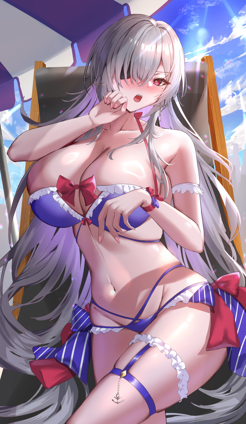 1girl absurdres alternate_headwear azur_lane beach_umbrella bikini blush bow bow_bikini breasts cleavage collarbone commentary_request day eyepatch frilled_bikini frills fritz_rumey_(azur_lane) grey_hair highres huge_breasts kirisamede_gzr linea_alba long_hair looking_at_viewer mole mole_under_eye multi-strapped_bikini_bottom nail_polish navel open_mouth outdoors pink_eyes purple_bikini sky sunlight swimsuit thigh_strap thighs umbrella very_long_hair