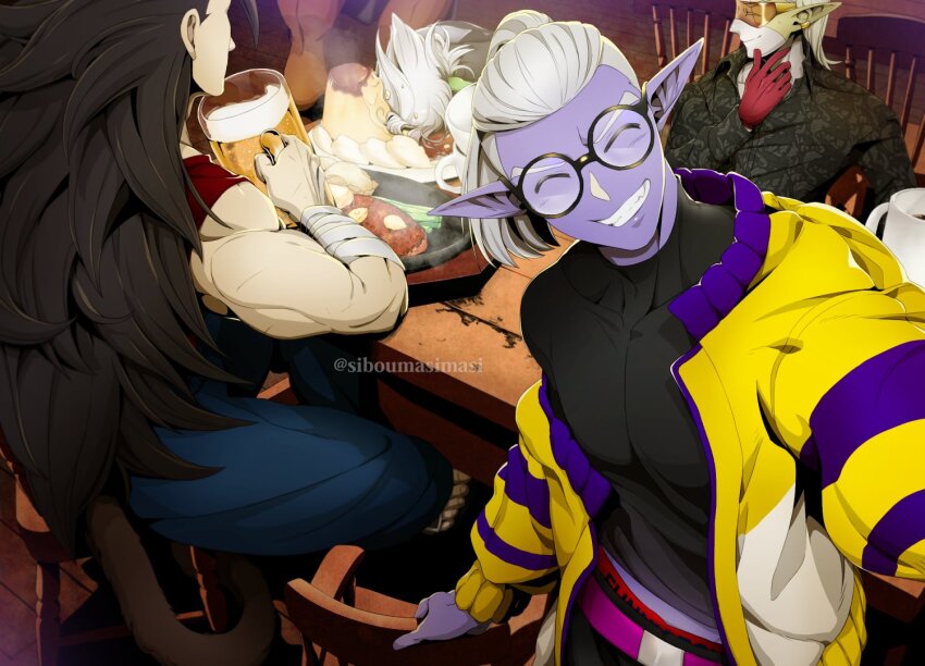 4boys alcohol artist_name bandaged_arm bandages barefoot beer beer_mug belt black_hair black_pants black_shirt blonde_hair blue_pants celery chair closed_eyes closed_mouth colored_skin covered_pectorals cream cumber cup demon dragon_ball dragon_ball_heroes earrings faceplant facing_viewer fang floral_print food food_on_head from_above fu_(dragon_ball) fused_zamasu glass glasses gloves gold_earrings green_skin grin hair_in_food hand_on_chair hand_on_own_chin hearts_(dragon_ball) holding holding_cup jacket jacket_partially_removed jewelry kaioushin long_hair long_sleeves looking_at_another looking_at_viewer male_focus meat medium_hair midriff_peek monkey_boy mug multicolored_skin multiple_boys muscular muscular_male non-web_source object_on_head pants pectorals plate pointy_ears ponytail potato pudding purple_belt purple_skin red_gloves red_tank_top round_eyewear saiyan selfie semi-rimless_eyewear shirt sitting smile source_request spiked_hair steam table tail tank_top teeth tinted_eyewear toes twitter_username two-tone_skin undercut ushihoshi very_long_hair waistband white_hair wooden_chair yellow-tinted_eyewear yellow_skin