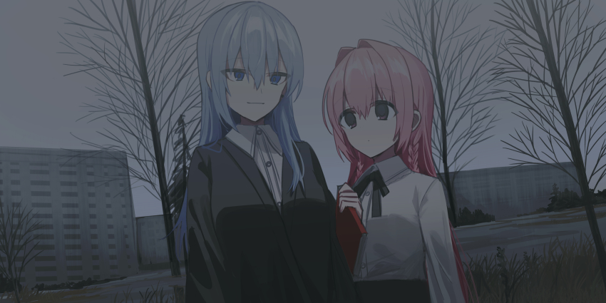 2girls bare_tree black_bow black_jacket black_skirt blue_eyes blue_hair book bow building chihuri closed_mouth collared_shirt dress_shirt ende_(chihuri) hair_between_eyes hair_intakes hand_up highres holding holding_book jacket long_hair looking_at_viewer multiple_girls nea_(chihuri) original outdoors overcast pink_hair purple_eyes shirt skirt sky smile tree upper_body white_shirt