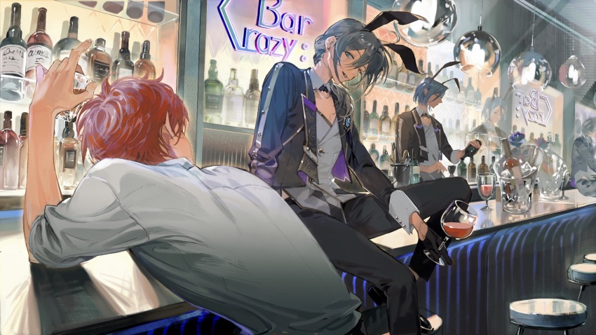 3boys alcohol amagi_rinne animal_ear_hairband animal_ears bar_(place) bartender bishounen black_footwear black_gloves black_jacket black_pants blue_hair bottle coattails collar collared_shirt commentary crazy_b_(ensemble_stars!) cup detached_collar drink drinking_glass elbow_on_table english_commentary ensemble_stars! fake_animal_ears gloves grey_eyes grey_hair grey_vest hair_between_eyes hairband half_gloves highres himeru_(ensemble_stars!) holding holding_drink indoors jacket leaning_forward long_sleeves male_focus male_playboy_bunny midriff mirror multiple_boys on_stool open_clothes open_jacket open_mouth pants pectoral_cleavage pectorals pouring rabbit_ear_hairband rabbit_ears red_hair reflection sanmuyun shiina_niki shirt shoes short_hair short_hair_with_long_locks sitting sitting_on_table sleeves_rolled_up smile teeth vest white_collar white_shirt wine wine_bottle wine_glass
