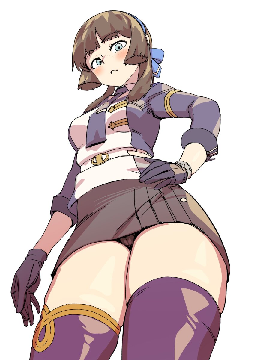 1girl asava_(hutaitenn) black_gloves black_hair black_panties black_skirt blue_hairband blue_jacket blue_necktie blue_ribbon blue_thighhighs blunt_sidelocks dress freckles from_below gloves green_eyes hair_ribbon hairband hand_on_own_hip highres jacket kantai_collection long_hair looking_at_viewer military_uniform mogador_(kancolle) multicolored_jacket necktie panties pleated_dress ribbon simple_background skirt solo thighhighs tie_clip two-tone_jacket underwear white_background
