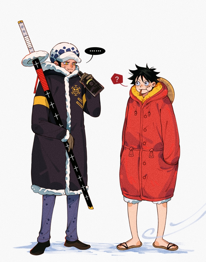 ... 2boys :t ? absurdres black_coat black_eyes black_hair black_shoes blue_pants bottle chinese_commentary coat colored_speech_bubble commentary_request denim facial_hair facial_scar full_body fur-trimmed_coat fur_trim goatee hat heart_pirates_jolly_roger highres holding holding_bottle holding_sword holding_weapon jeans jo_jun jolly_roger looking_at_another male_focus monkey_d._luffy multiple_boys one_piece pants red_coat sandals scar scar_on_cheek scar_on_face shoes short_hair sideburns simple_background speech_bubble spoken_ellipsis spoken_question_mark standing straw_hat sword trafalgar_law unworn_hat unworn_headwear weapon white_background white_fur winter_clothes yellow_eyes