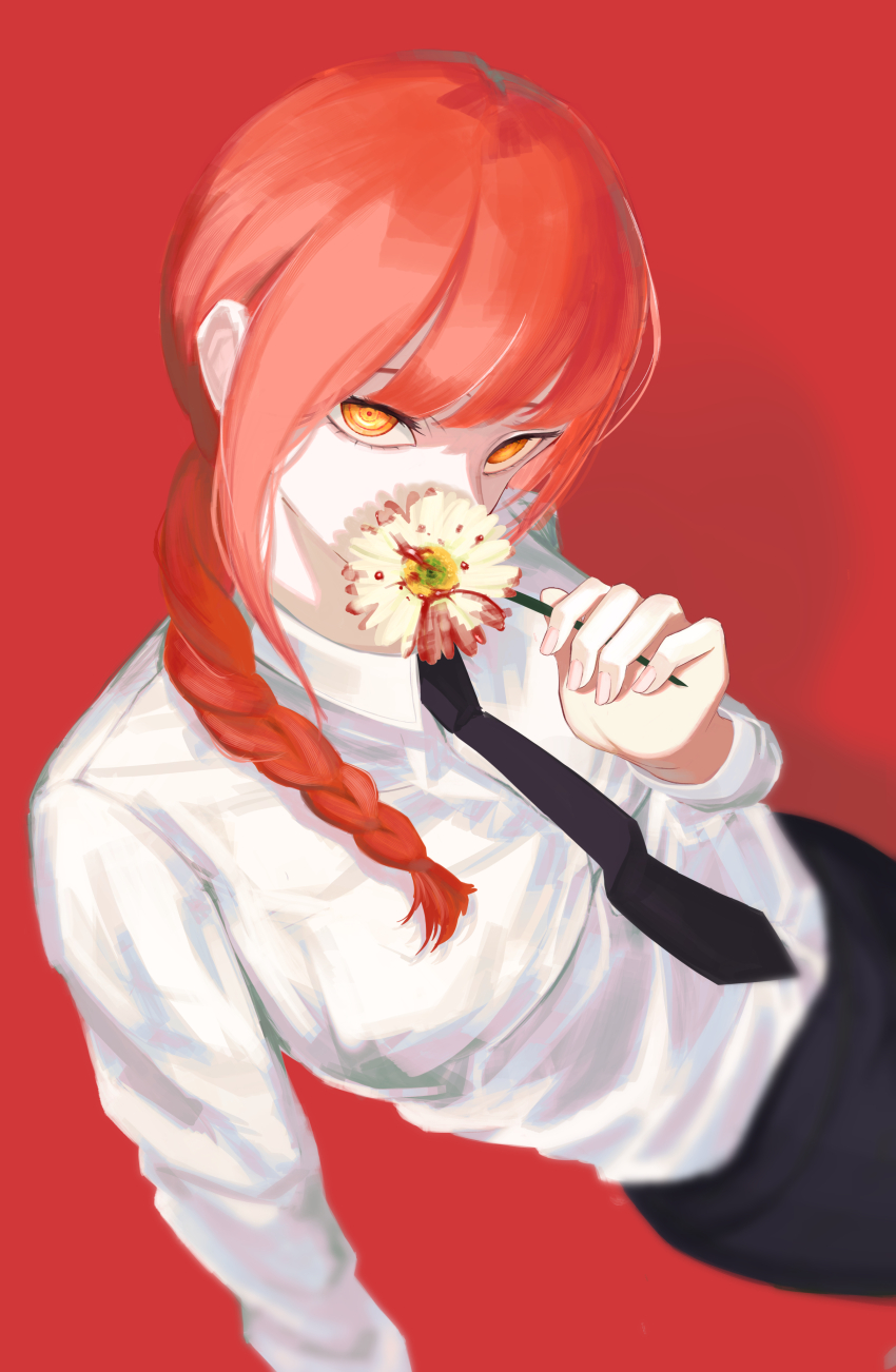 1girl 3333iyasy absurdres black_necktie black_pants blood_on_flower braid chainsaw_man collared_shirt flower highres holding holding_flower long_hair looking_at_viewer makima_(chainsaw_man) necktie pants red_background red_hair ringed_eyes shirt shirt_tucked_in simple_background solo white_flower white_shirt yellow_eyes
