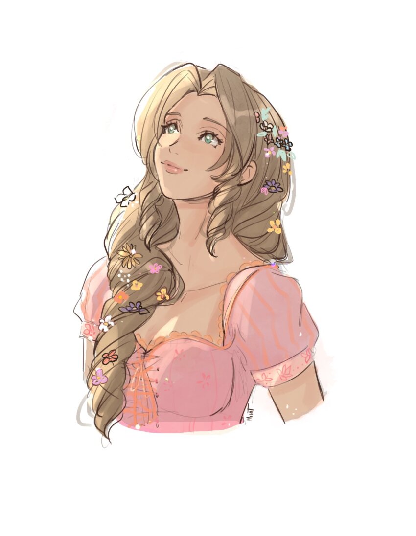 1girl aerith_gainsborough artist_name braid breasts cleavage closed_mouth collarbone cosplay cropped_torso dress final_fantasy final_fantasy_vii final_fantasy_vii_remake flower green_eyes hair_flower hair_ornament hair_over_shoulder highres looking_up medium_breasts papermint_tea parted_bangs pink_dress portrait puffy_short_sleeves puffy_sleeves rapunzel_(disney) rapunzel_(disney)_(cosplay) short_sleeves sidelocks single_braid smile solo upper_body white_background