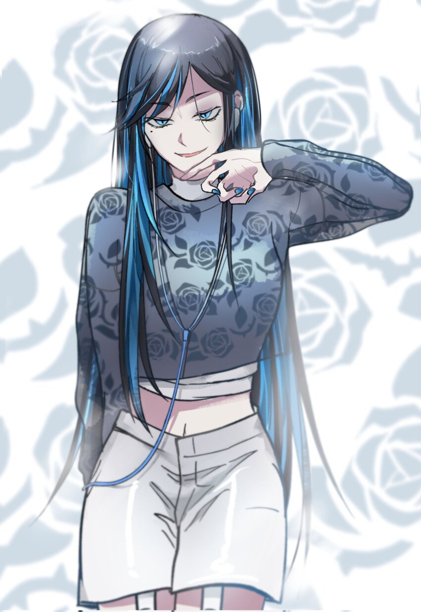 1girl ado_(utaite) black_hair blue_eyes blue_hair blue_nails chando_(ado) colored_inner_hair commentary corrupted_twitter_file earphones garter_straps grey_shirt hand_up highres kkeraku long_hair long_sleeves looking_at_viewer midriff mole mole_under_eye multicolored_hair nail_polish navel open_mouth shirt shorts solo utaite white_shorts