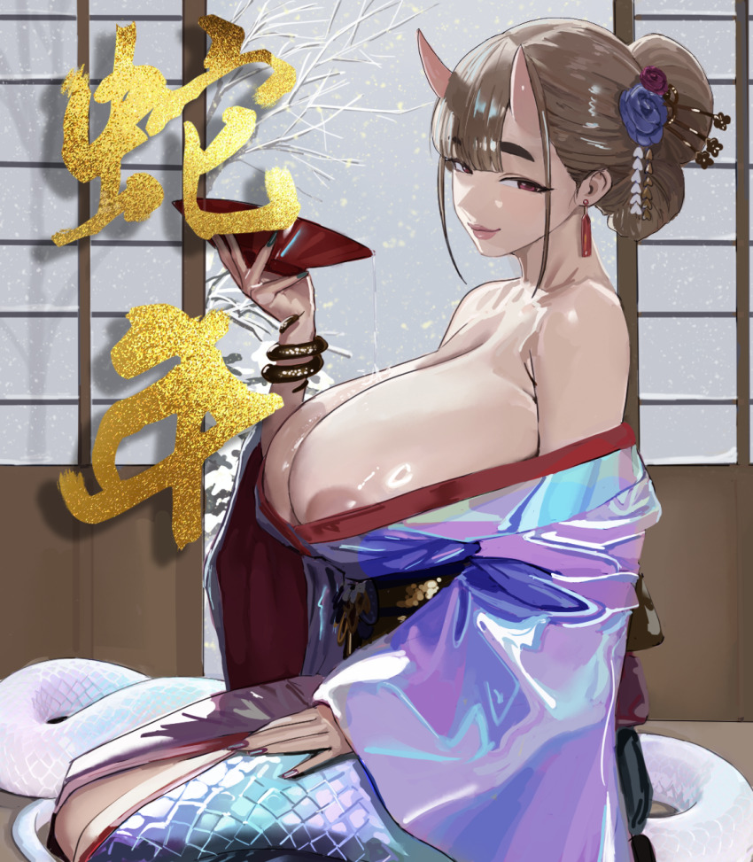 1girl 2025 alcohol architecture areola_slip bare_shoulders blunt_bangs bracelet breasts brown_hair cleavage cup east_asian_architecture goddess_of_victory:_nikke hair_bun highres hintobento horns huge_breasts indoors japan japanese_clothes jewelry kimono kneeling large_breasts lips long_hair looking_at_viewer new_year nihongami obi pouring pouring_onto_self red_eyes sakazuki sake sash seiza single_hair_bun sitting skin-covered_horns smile snake solo viper_(nikke)
