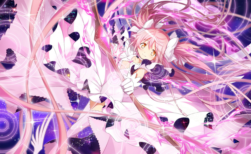 1girl absurdly_long_hair aiming artist_request bow bow_(weapon) breasts chest_jewel choker cleavage cleavage_cutout closed_mouth clothing_cutout collarbone diamond_cutout dot_nose dress dutch_angle feet_out_of_frame fire floating_clothes floating_hair frilled_sleeves frills game_cg hair_between_eyes hair_bow happy highres holding holding_bow_(weapon) holding_weapon kaname_madoka light_blush light_particles long_dress long_hair looking_at_viewer magic_circle mahou_shoujo_madoka_magica mahou_shoujo_madoka_magica_magia_exedra official_art pink_fire pink_gemstone pink_hair pink_thighhighs pleated_sleeves pyrokinesis short_sleeves smile solo space space_print starry_sky_print tareme thighhighs two-sided_dress two-sided_fabric two_side_up ultimate_madoka very_long_hair weapon white_bow white_choker wide_sleeves yellow_eyes