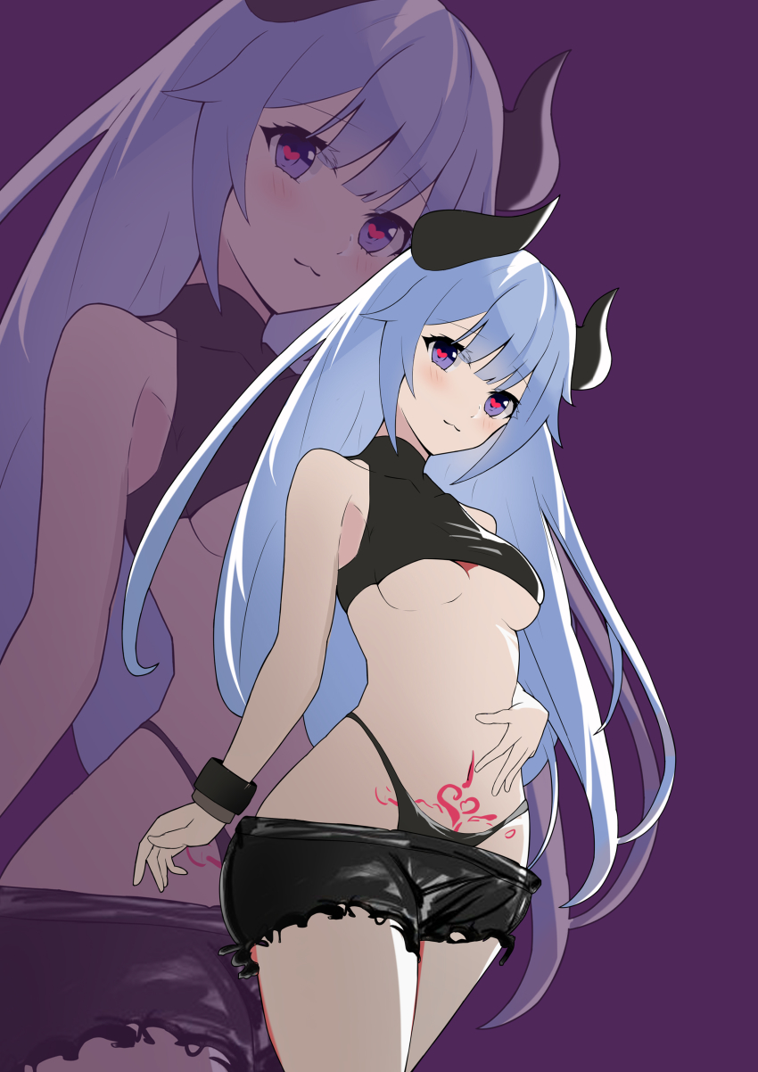 1girl absurdres black_panties blue_eyes blue_hair breasts demon_girl heart heart-shaped_pupils highres horns long_hair looking_at_viewer medium_breasts navel original paheide_guang panties pubic_tattoo purple_background smile solo symbol-shaped_pupils tattoo underboob underwear very_long_hair